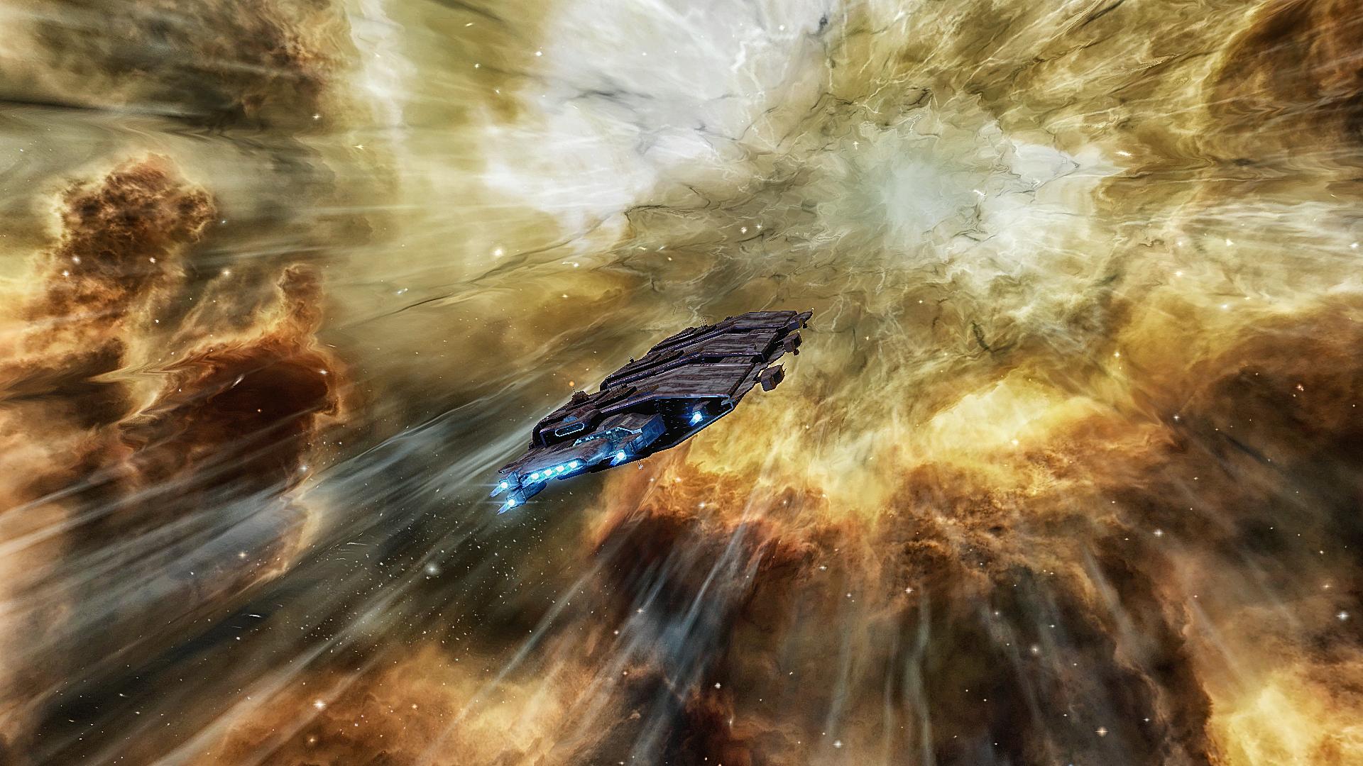 Spaceship travelling through a golden nebula